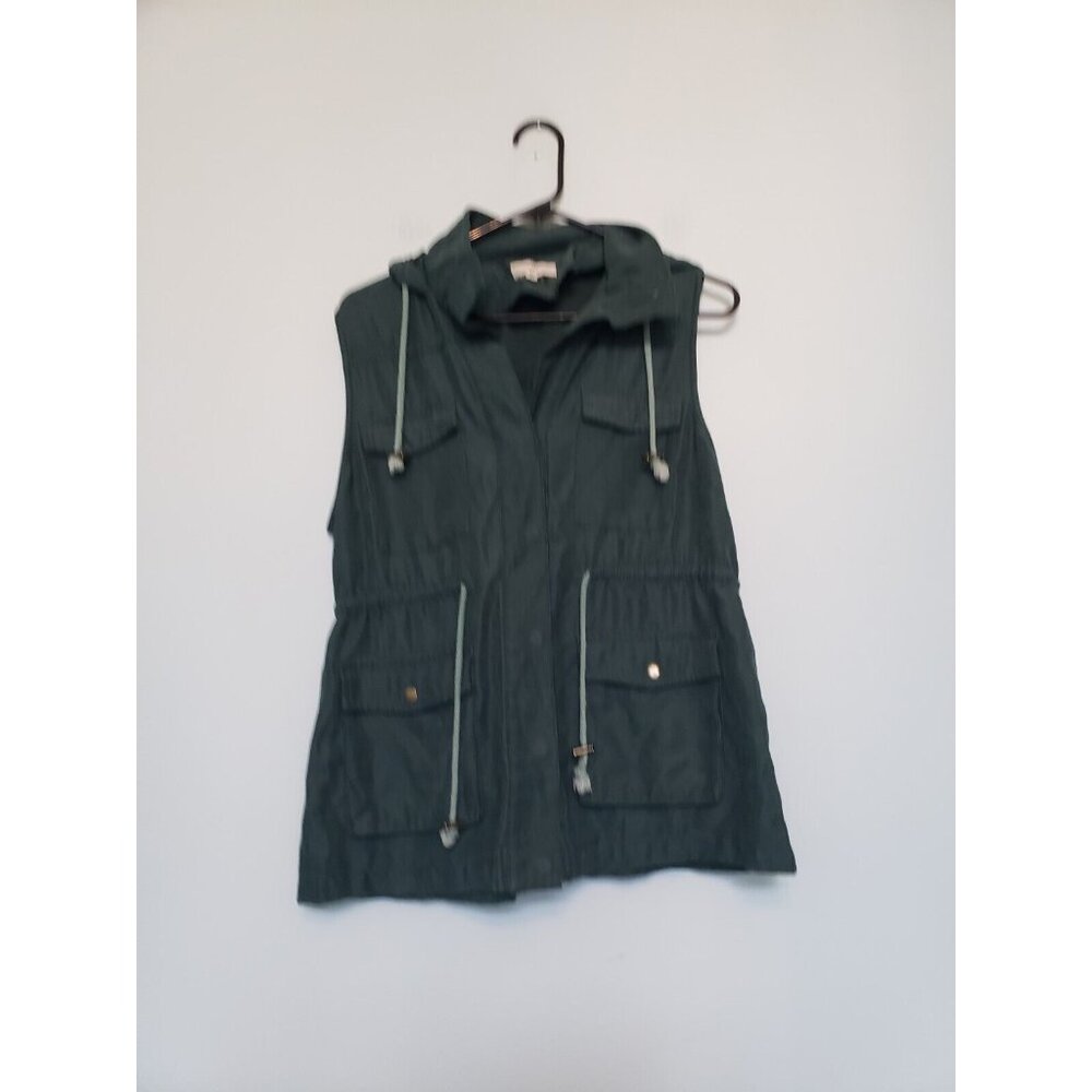 Entro Women M Vest Snap Dark Green Pockets Utility Hooded Cargo Drawstring Waist